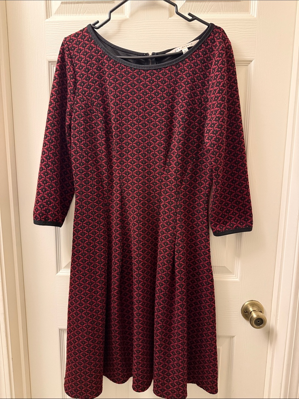 Max Studio Burgundy and Black Geometric Knit Long Sleeve Dress